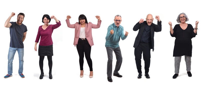 Full Portrait Of People Doing The Sign Winner On White Background