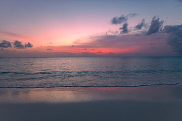 Sea sand sky concept, sunset colors clouds, horizon, horizontal background banner. Inspirational nature landscape, beautiful colors, wonderful scenery of tropical beach. Beach sunset, summer vacation