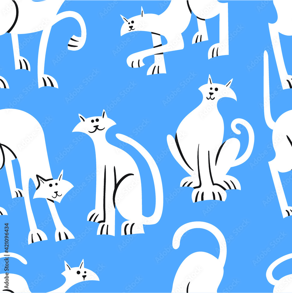 Poster Seamless pattern with doodle cats. Background with  playing kitten in incomlete cute flat style. Vector line art  illustration for surface designs, wallpapers, textile and fabrics