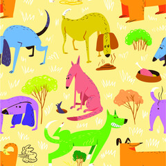Seamless pattern with dogs. Vector illustration with cute cartoon pets . Colorful funny animal characters in childlike style. Collection with cheerful dogs for backgrounds, textile, wrapping paper, su - 421096402