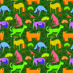 Seamless pattern with dogs. Vector illustration with cute cartoon pets . Colorful funny animal characters in childlike style. Collection with cheerful dogs for backgrounds, textile, wrapping paper, su
