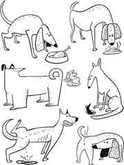 Cute doodle set with dogs. Vector illustration with pets. Black and white sketchy animal characters in childlike style. Collection with cheerful dogs