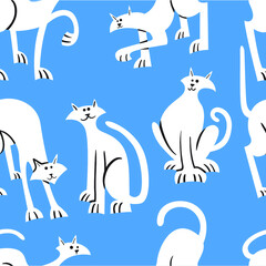 Seamless pattern with doodle cats. Background with  playing kitten in incomlete cute flat style. Vector line art  illustration for surface designs, wallpapers, textile and fabrics - 421096434