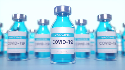 Coronavirus vaccine in ampoules close-up on a laboratory table blue background. 3d rendering