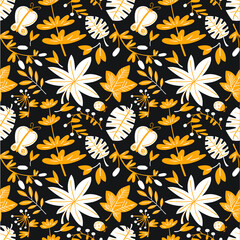 Naklejka na ściany i meble Cute floral seamless pattern. Background with leaves and plants and butterflies. Colorful vector illustration for surface design, textile and fashion prints with bugs and leaves.
