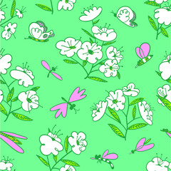 Summer seamless pattern with blossoming plants and flying insects around. Flowers and butterlies. Floral background with cute natural objects. Vector illustration in doodle sketchy style - 421097077