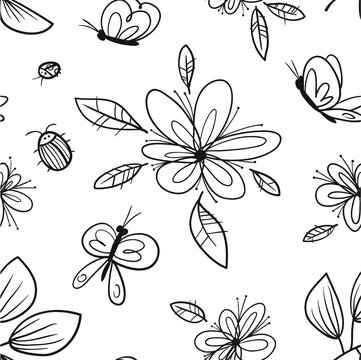 Floral summer seamless pattern.  Background with flowers, butterflies, buds in line art doodle style. Design element for wallpapers, textile, fabric, surfaces