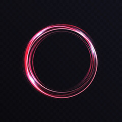 Luminous vibrant neon circle ring, abstract glowing light effect vector illustration. Shiny storm trace round swirl, swirling lines trails, twinkle motion element on transparent black background