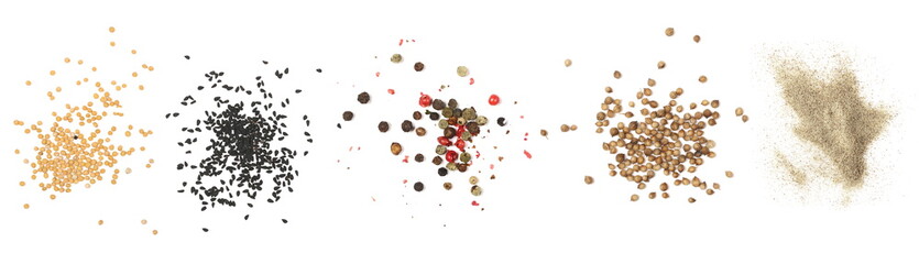 Set spices pile, mustard grains, black cumin seeds, colorful mixed pepper, coriander, ground white...