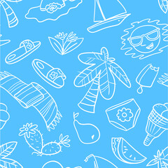 Summer objects seamless pattern. Beach background with palms and fruits. Vector illustration in doodle line art style for surface design, seasonal wallpapers, fabric, textile - 421097498