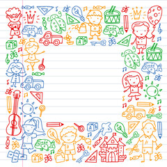 School, kindergarten with cute vector children. Creativity and imagination. Dancing, singing, painting, online education.