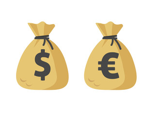Dollar cash sack and euro money bag icon vector flat cartoon isolated on white sign