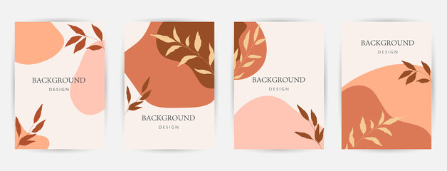 Fototapeta premium Modern abstract background. Social media stories and post creative Vector set. cover, invitation, banner, placard, brochure, poster, card, flyer and other. Tropical leaves warm color of the earth tone
