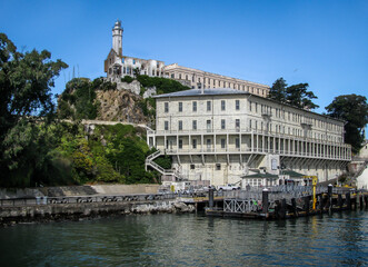 Building 64 residential apartments with the main cell block in the background on Alcatraz Island...