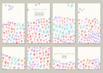Set of hand drawn floral background templates naive style with tulips, daisy, leaves