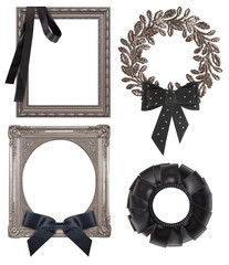 Set of frames with black mourning ribbon for paintings, mirrors or photo isolated on white...