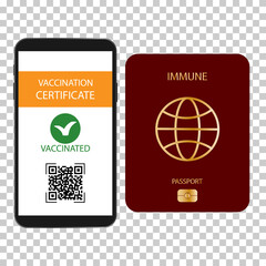 Vaccination certificate.Vaccine passport.Coronavirus Immune passport . Smartphone with a health passport for covid-19.Immunity passport for travel during .Coronavirus pandemic concept.Vector isolated.