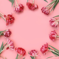 Obraz na płótnie Canvas Flower-filled frame with pink tulips, copy space