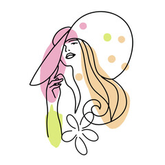 Abstract poster with minimal woman in hat. Lline drawing. 