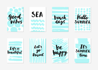 Set of hand drawn cards with sea waves, stripes, bubbles, circles, palm leaf