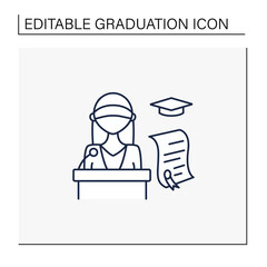 Graduation ceremony line icon. Professor gives students education documents. Motivation speech. Diplomas. Graduation concept.Isolated vector illustration.Editable stroke
