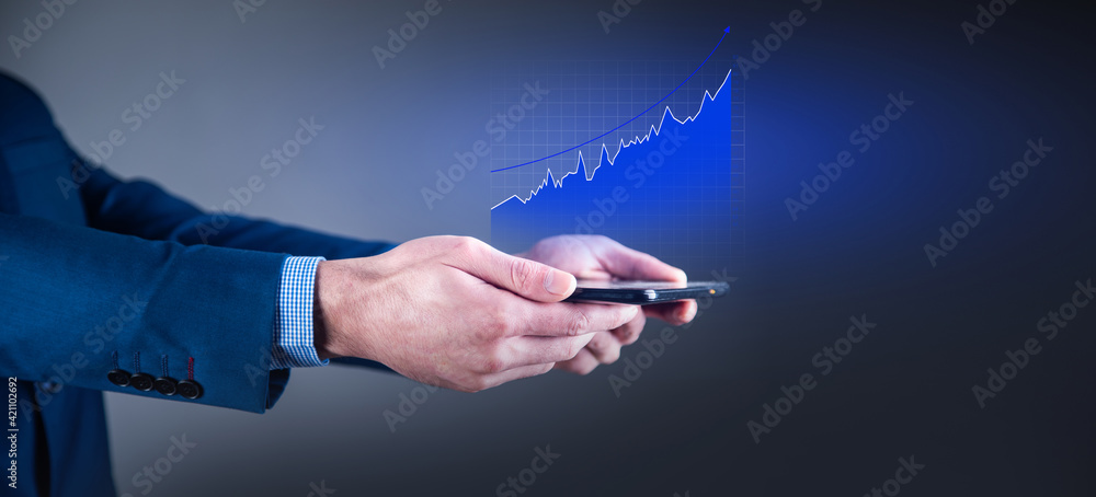 Poster man holding phone with graph