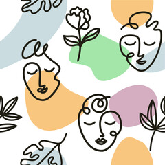 Art line face seamless pattern with colorful spots. Vector background with women and young pretty girls.
