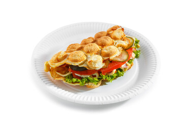 Bubble waffle with cheese, fried chicken, tomato and salad