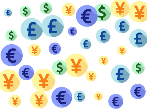 Euro dollar pound yen round icons flying currency vector background. Economy concept. Currency