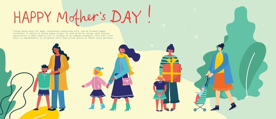 Colorful vector illustration concepts of Happy Mother's day . Mothers with the children for greeting cards, posters and backgrounds