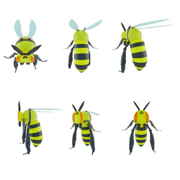 Vector illustration of the common wasp in 3d. Set of wasps in different poses, on a white background.