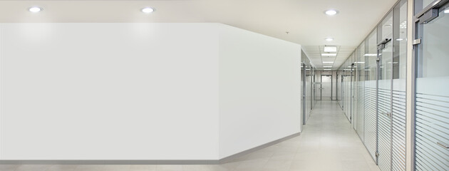 Empty bank office hall with glass walls and doors - obrazy, fototapety, plakaty