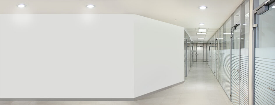 Empty Bank Office Hall With Glass Walls And Doors