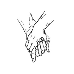 Sketch of two humans holding hands close up. Hand in hand. Outline graphic elements. Monochrome concept for Valentine's Day. Black line isolated on white background. Stock vector illustration