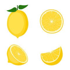 Lemon, whole fruit, half and slices, vector illustration