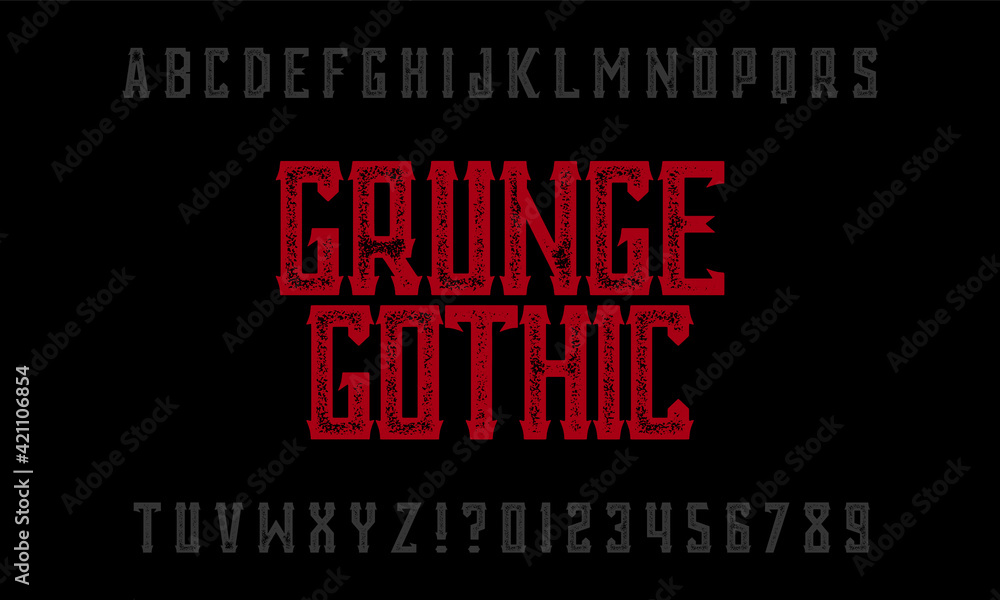 Poster vintage handmade, worn font and alphabet. a gothic-style font on a dark textural background. vector 