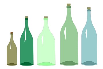 Five graphic colored glass bottles.