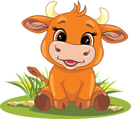 Funny smiling baby bull on the lawn