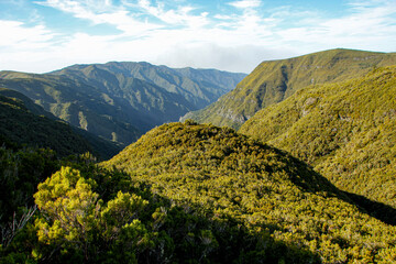 Scenic view Ribeira da Janela valley from Levada das 25 Fontes hiking trail, Rabaçal, Madeira,...