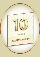 10 years anniversary, birthday card with 10th in gold color, vector design for celebration, invitation and greeting card, logo, template.