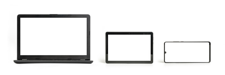 Laptop, tablet and smartphone isolated on white background - front view, each one is shot separately