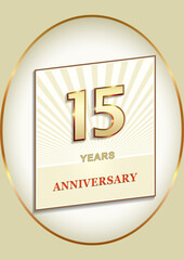 15 years anniversary, birthday card with 15th in gold color, vector design for celebration, invitation and greeting card, logo, template.