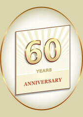 60 years anniversary, birthday card with 60th in gold color, vector design for celebration, invitation and greeting card, logo, template.