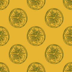 Vector seamless pattern with lemons on a orange background. Bright summer pattern. Picture for packaging. Sour tropical fruit. Flat minimalist yellow lemon