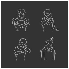 Flu chalk icons set.Fever.Headache.Muscle or back aches.Sore throat.Coronavirus symptoms.Health problem.Isolated vector illustration on chalkboard