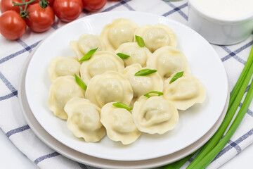Boiled Russian dumplings on a plate. Served with sour cream, green onions and cherry tomatoes on a checkered napkin.