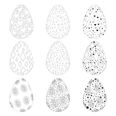 Easter Eggs Vector Collection in Outline Style with Different Patterns on white Background.