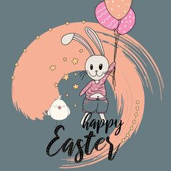 Easter card with rabbit, happy holiday concept, colorful line illustration, social media ready with copy space