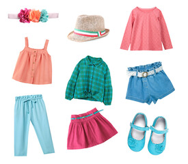 Child's clothes isolated on white.Kid's clothing collage.Girl's wear.Fashion apparel.