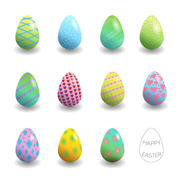 Set of Colorful Eggs with Geometric 3D Ornaments of Hearts, Rhombus, Triangles, Stripes, Circles, Spirals, Zigzags